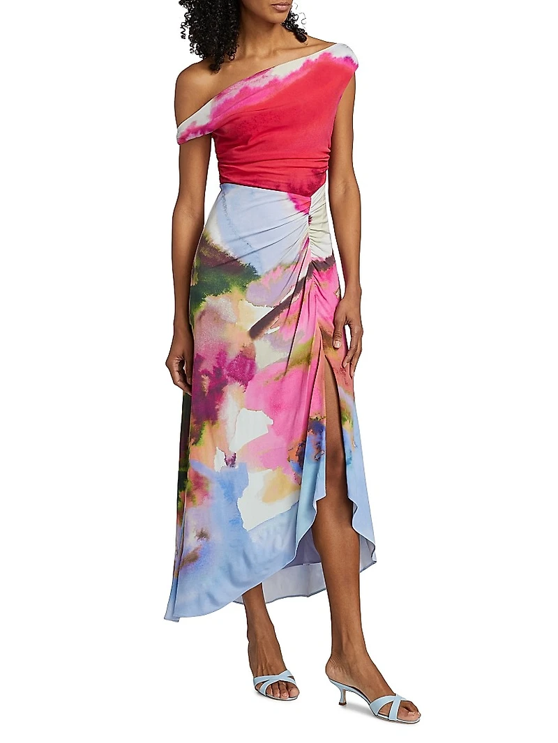 Ella Watercolor Jersey One-Shoulder Midi-Dress