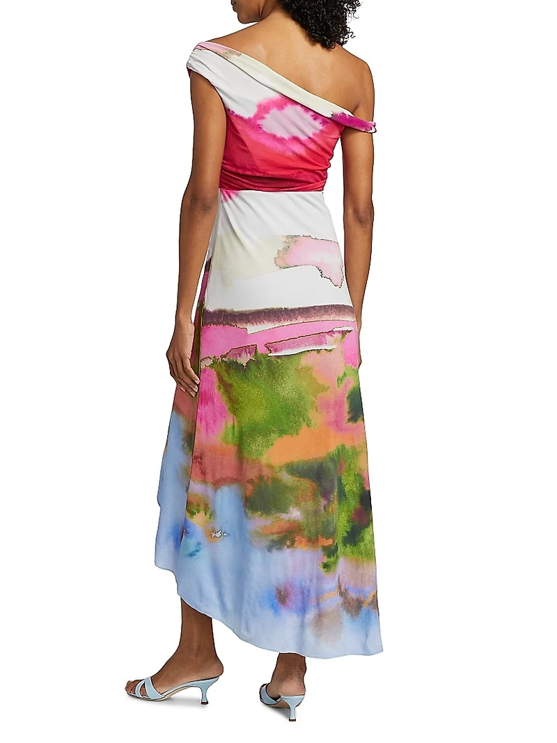 Ella Watercolor Jersey One-Shoulder Midi-Dress
