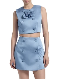 Edie Rosette-Detailed Satin Top