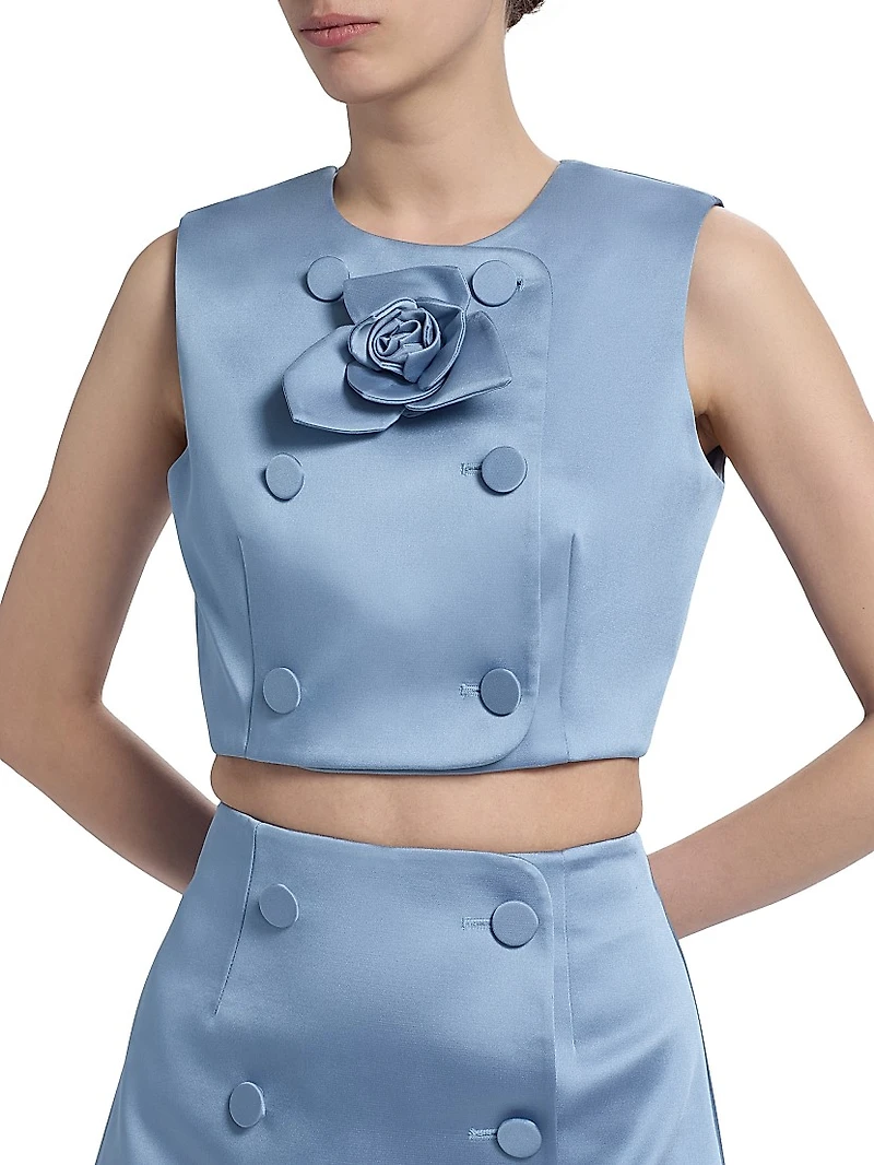 Edie Rosette-Detailed Satin Top