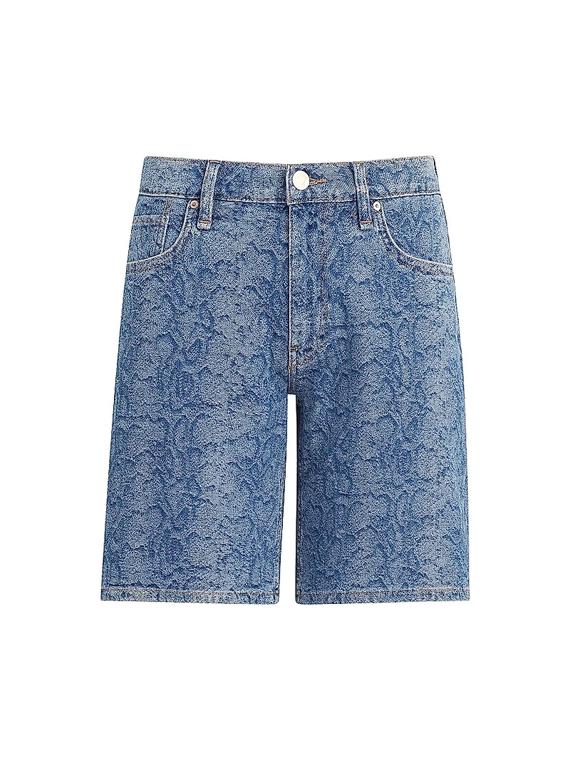 London Snake-Print Denim Low-Rise Long Shorts