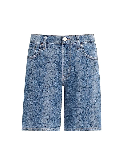 London Snake-Print Denim Low-Rise Long Shorts