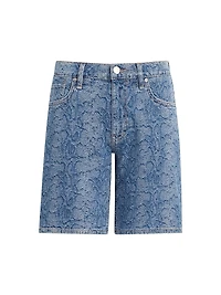 London Snake-Print Denim Low-Rise Long Shorts