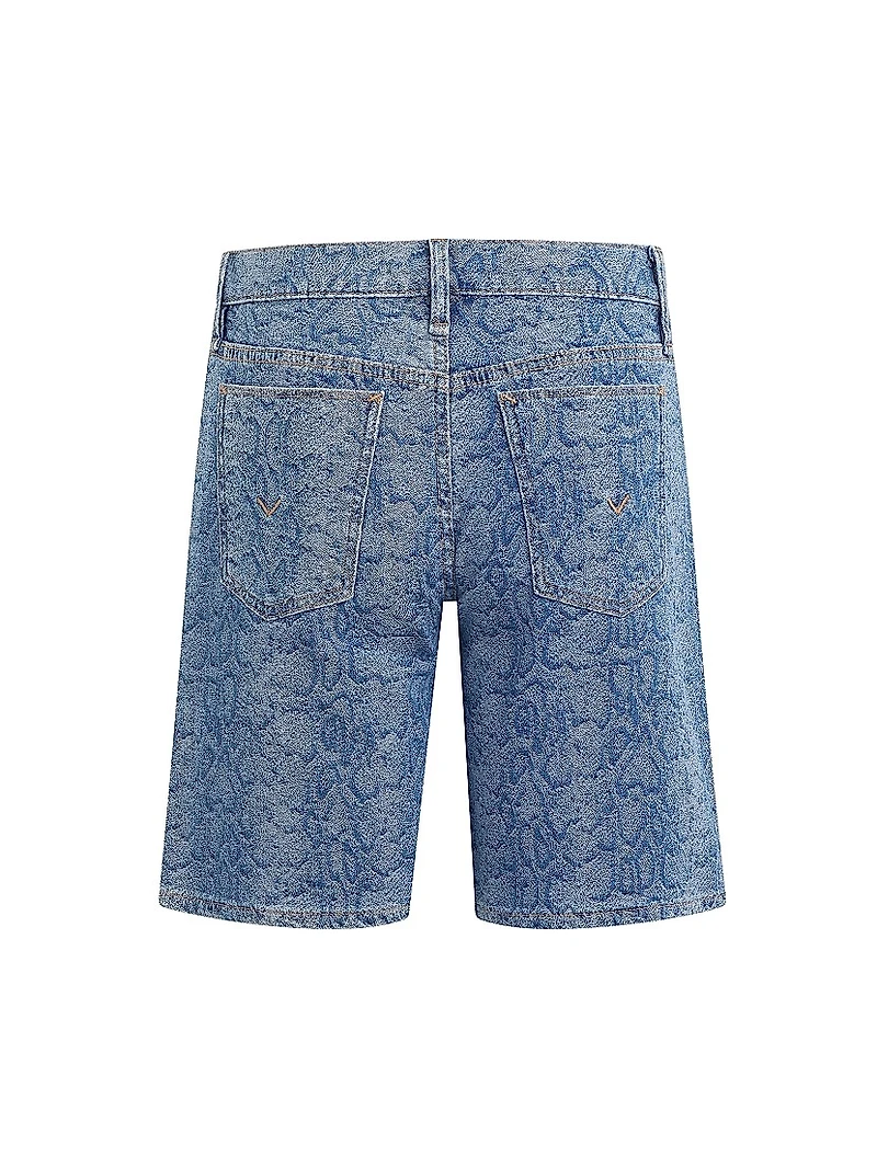 London Snake-Print Denim Low-Rise Long Shorts