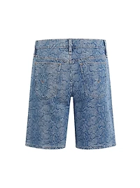 London Snake-Print Denim Low-Rise Long Shorts