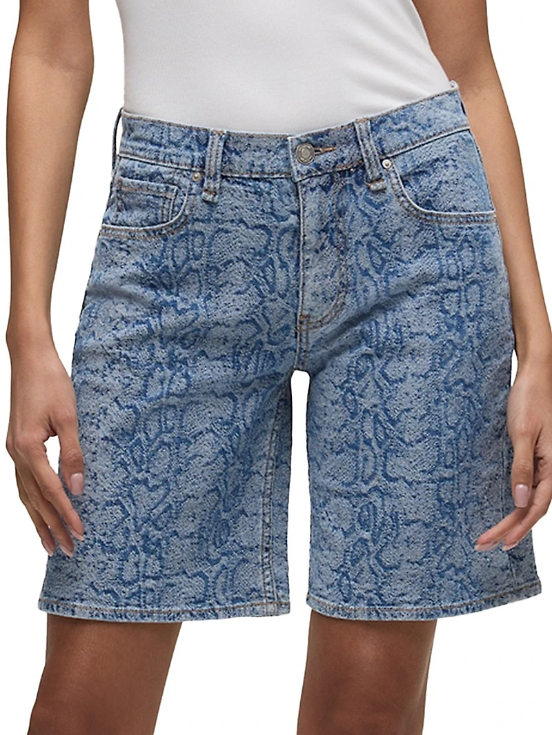 London Snake-Print Denim Low-Rise Long Shorts
