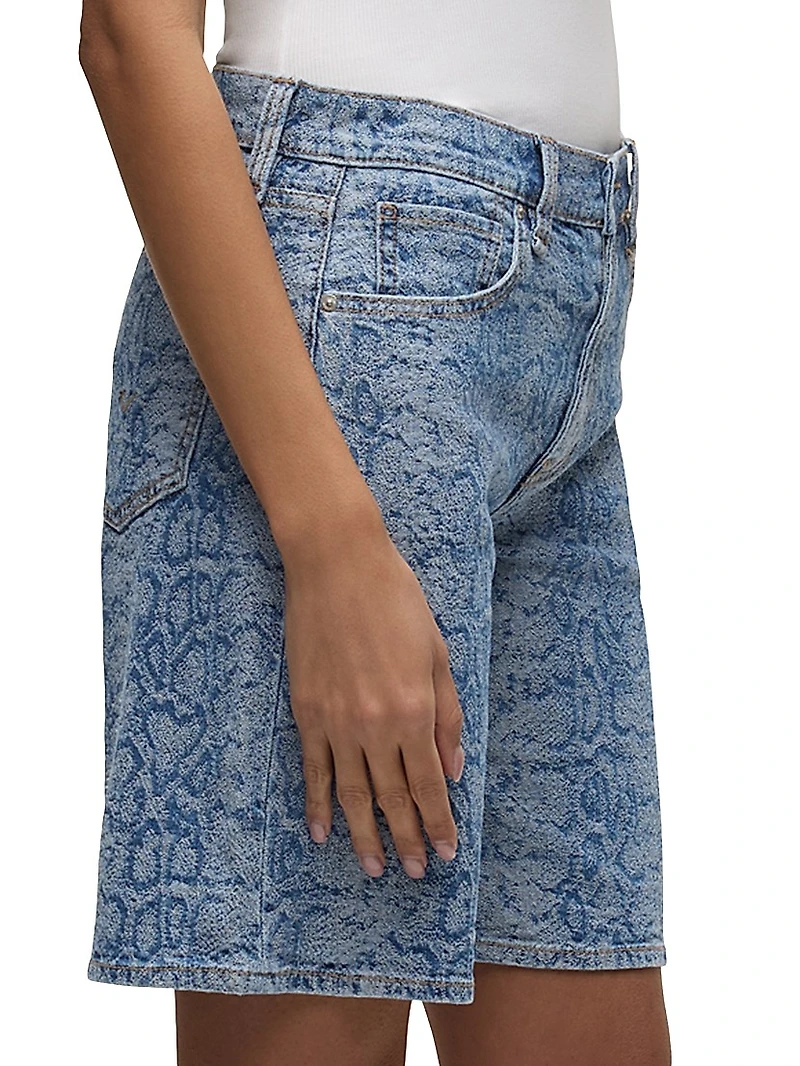 London Snake-Print Denim Low-Rise Long Shorts