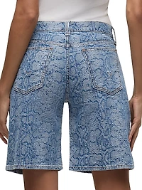 London Snake-Print Denim Low-Rise Long Shorts