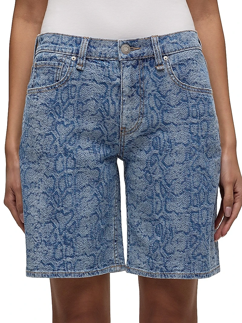 London Snake-Print Denim Low-Rise Long Shorts