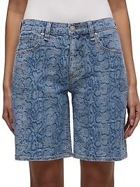 London Snake-Print Denim Low-Rise Long Shorts