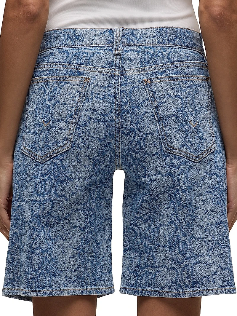 London Snake-Print Denim Low-Rise Long Shorts