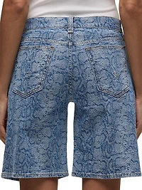 London Snake-Print Denim Low-Rise Long Shorts