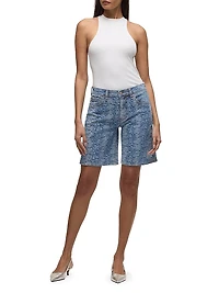 London Snake-Print Denim Low-Rise Long Shorts