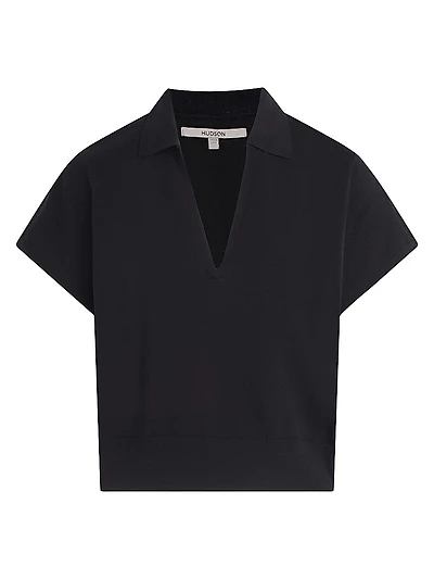 Silk Draped Collared Short-Sleeve Sweater