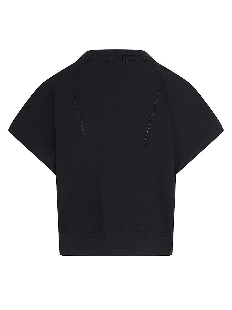 Silk Draped Collared Short-Sleeve Sweater