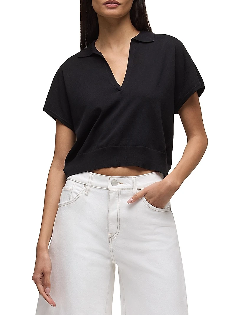 Silk Draped Collared Short-Sleeve Sweater