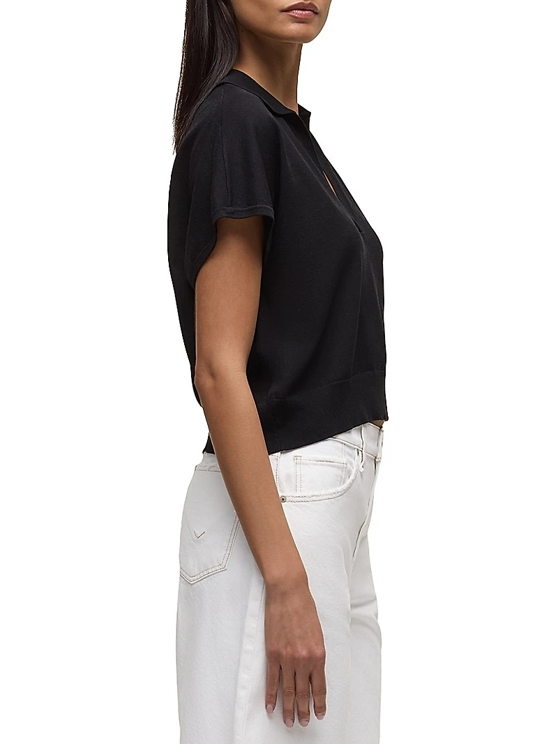 Silk Draped Collared Short-Sleeve Sweater