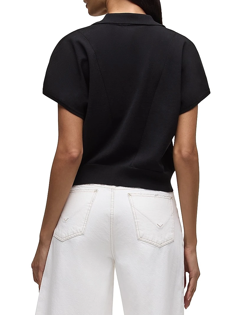 Silk Draped Collared Short-Sleeve Sweater