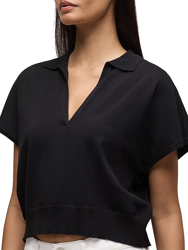 Silk Draped Collared Short-Sleeve Sweater