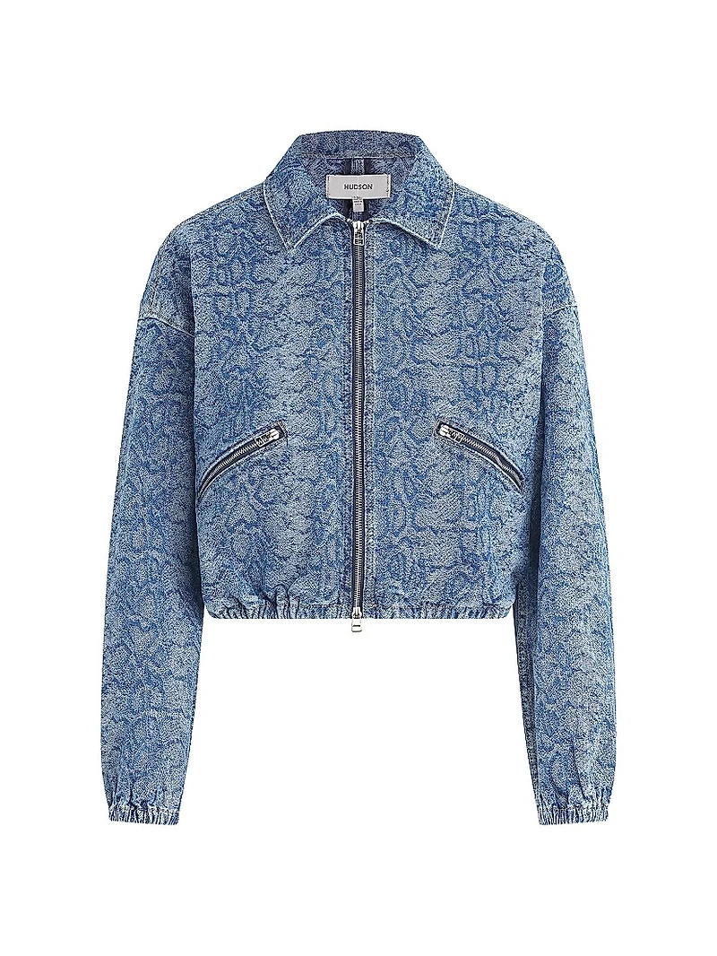 Animal-Print Denim Zip-Front Crop Jacket