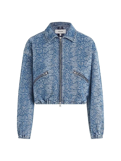 Animal-Print Denim Zip-Front Crop Jacket