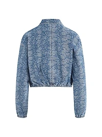 Animal-Print Denim Zip-Front Crop Jacket