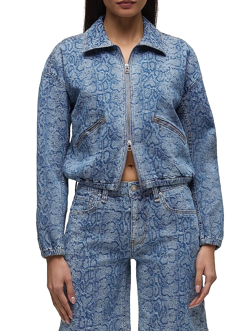 Animal-Print Denim Zip-Front Crop Jacket