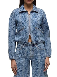 Animal-Print Denim Zip-Front Crop Jacket