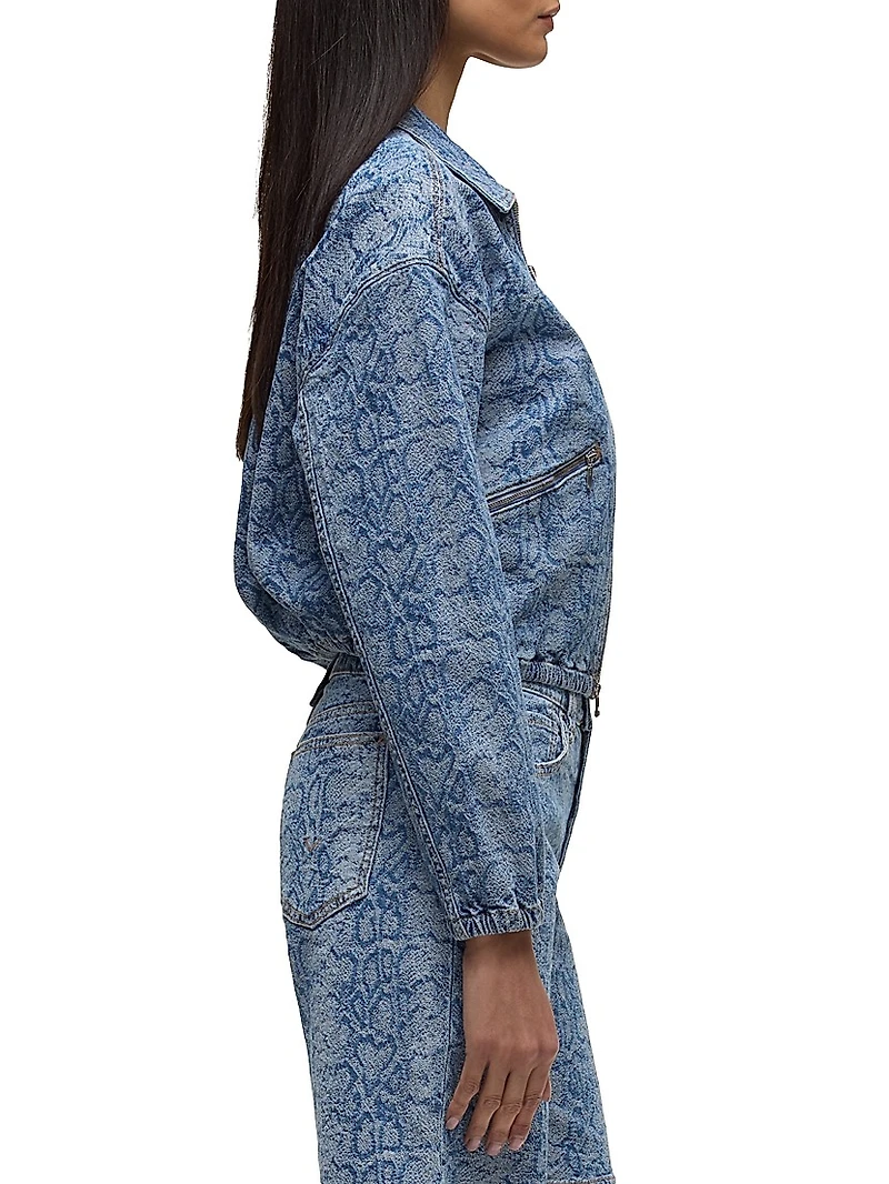 Animal-Print Denim Zip-Front Crop Jacket