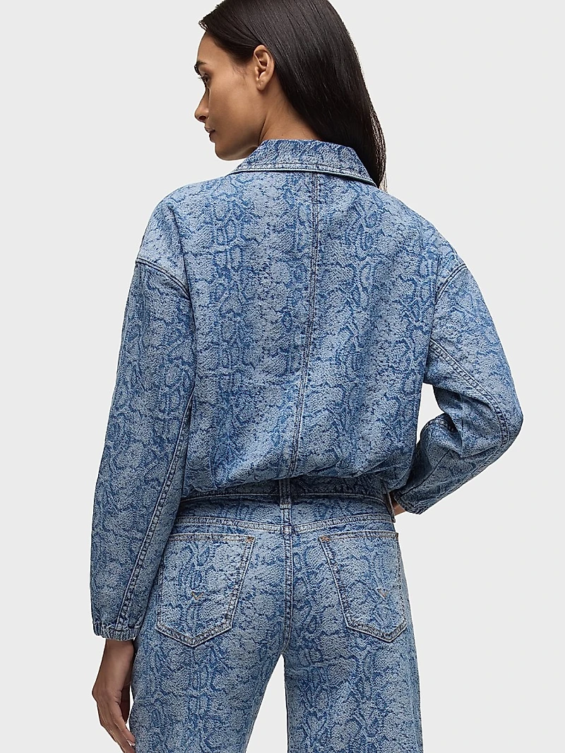 Animal-Print Denim Zip-Front Crop Jacket