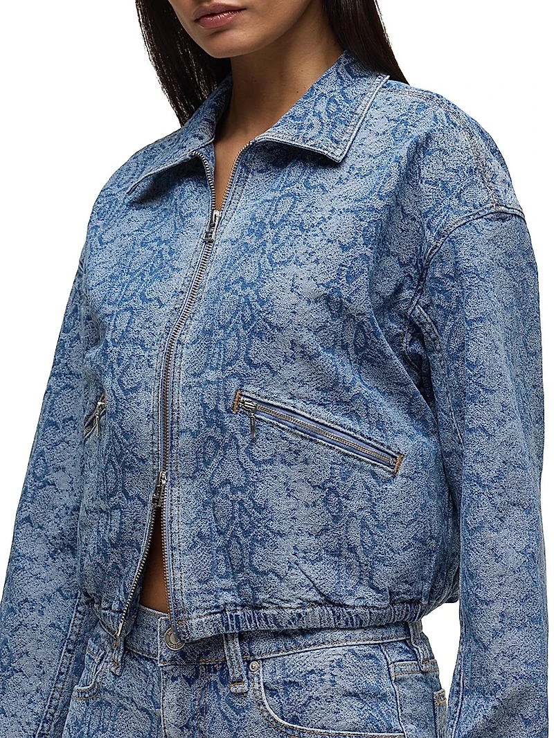 Animal-Print Denim Zip-Front Crop Jacket
