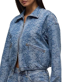 Animal-Print Denim Zip-Front Crop Jacket