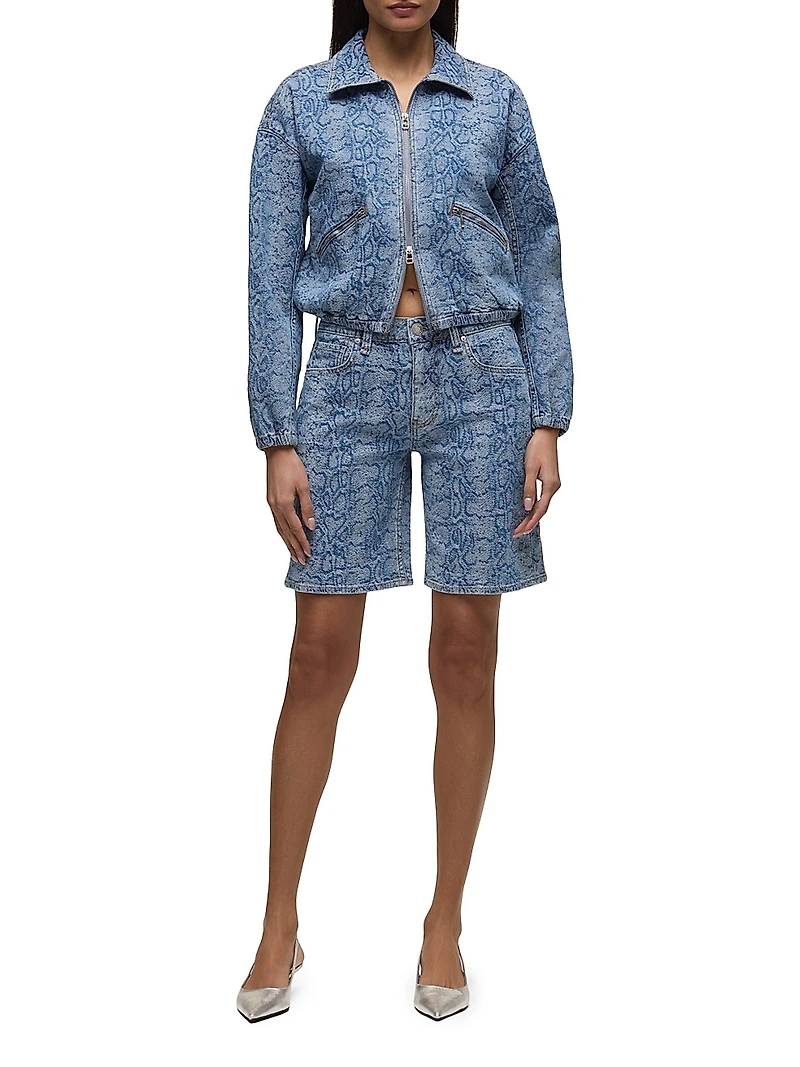 Animal-Print Denim Zip-Front Crop Jacket
