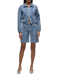 Animal-Print Denim Zip-Front Crop Jacket