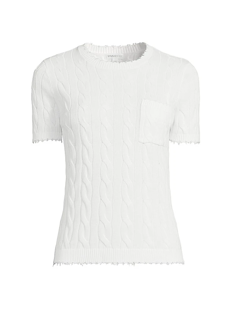 Frayed Cable-Knit Short-Sleeve Sweater