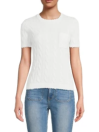 Frayed Cable-Knit Short-Sleeve Sweater