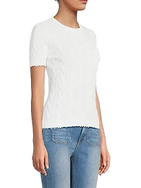 Frayed Cable-Knit Short-Sleeve Sweater