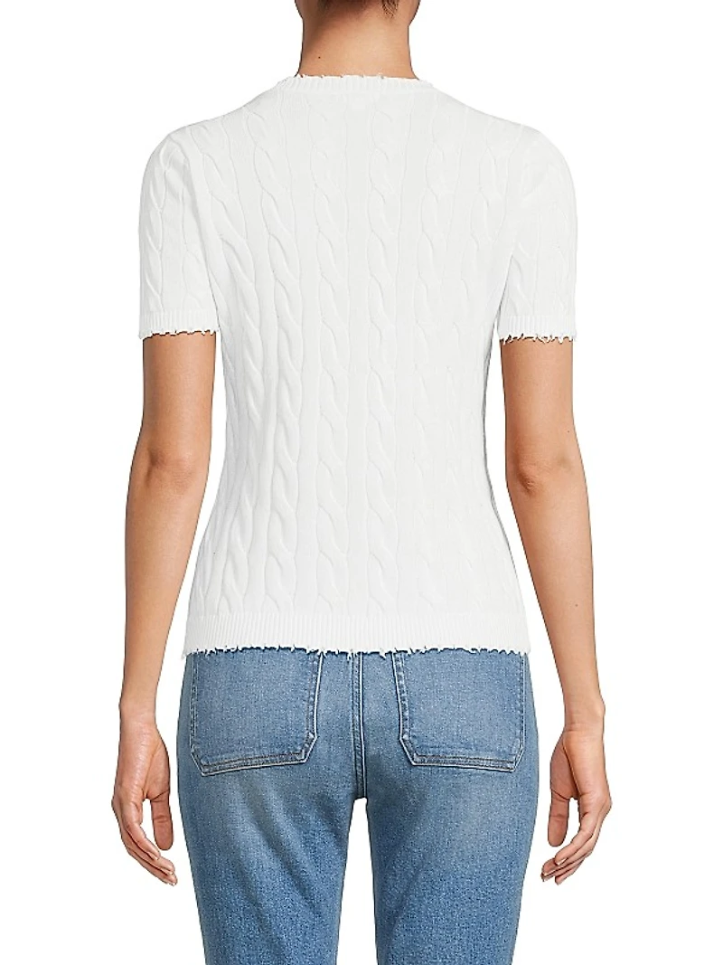 Frayed Cable-Knit Short-Sleeve Sweater