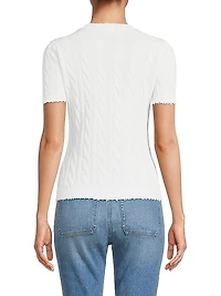 Frayed Cable-Knit Short-Sleeve Sweater