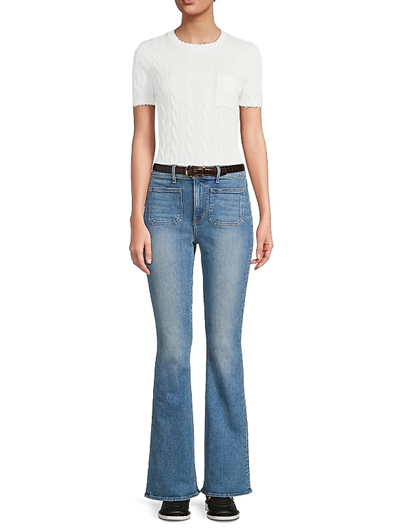 Frayed Cable-Knit Short-Sleeve Sweater