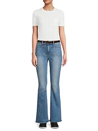 Frayed Cable-Knit Short-Sleeve Sweater