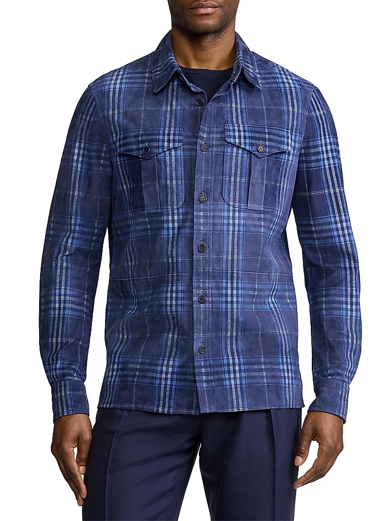 Plaid-Print Suede Overshirt