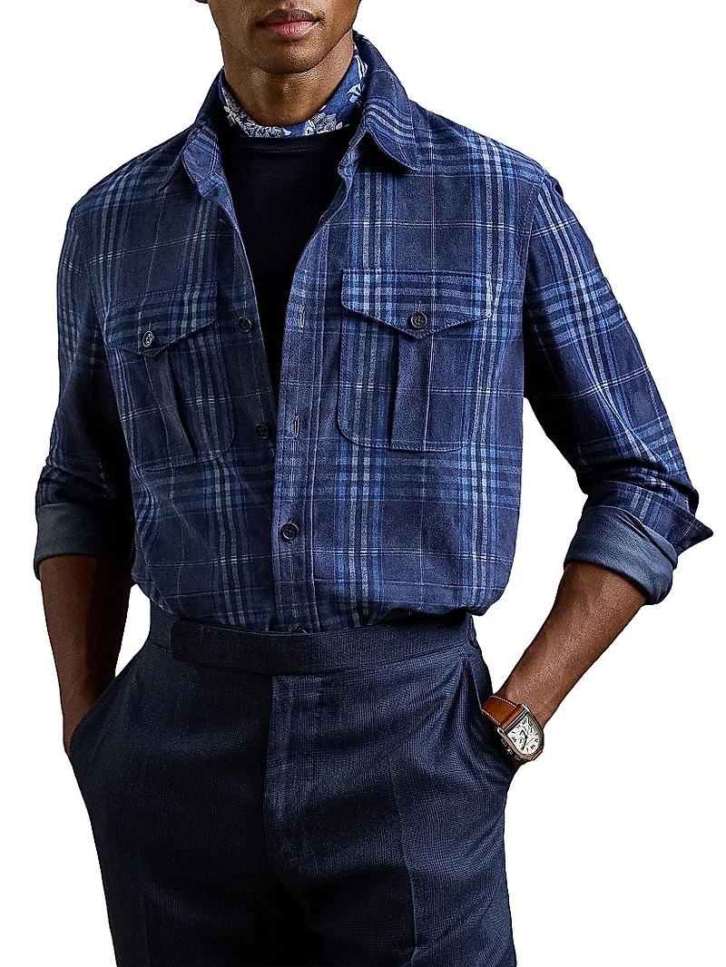 Plaid-Print Suede Overshirt