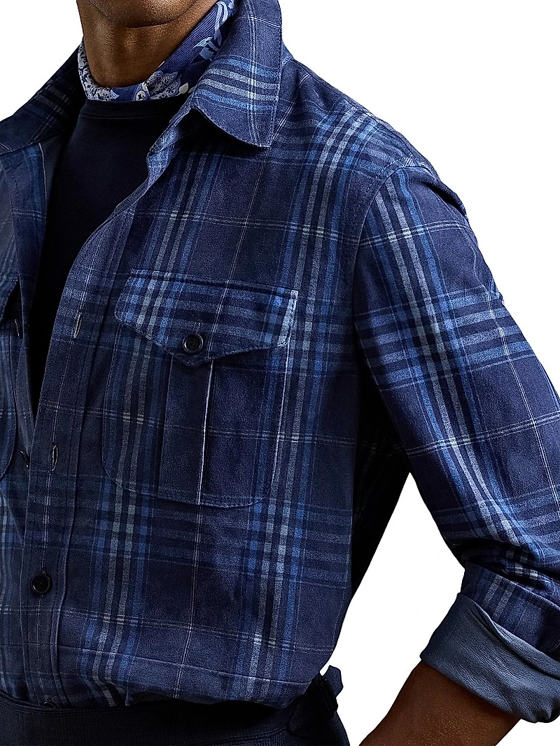 Plaid-Print Suede Overshirt