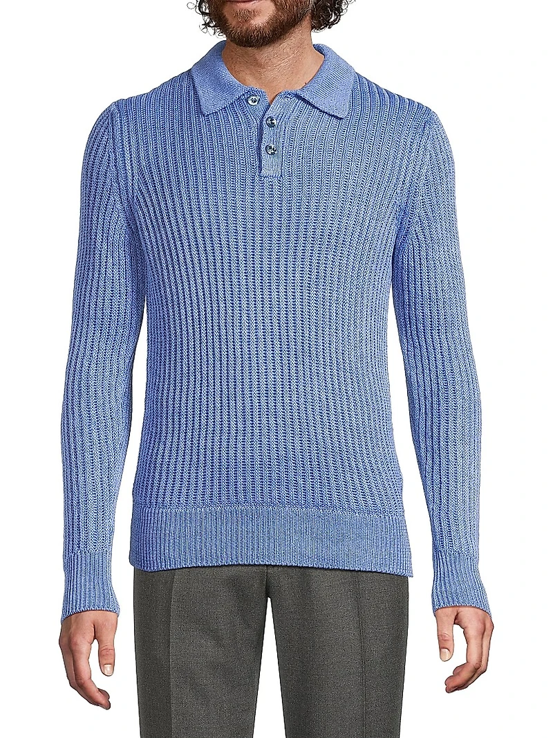 Textured Linen-Silk Polo-Collar Sweater