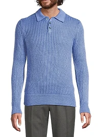 Textured Linen-Silk Polo-Collar Sweater