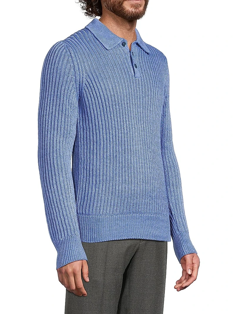 Textured Linen-Silk Polo-Collar Sweater