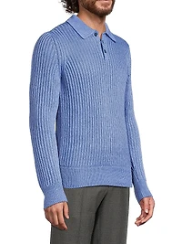 Textured Linen-Silk Polo-Collar Sweater