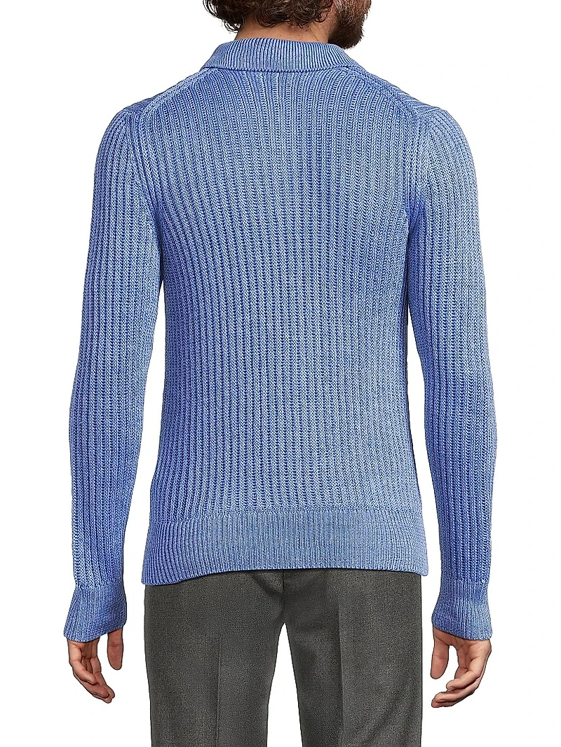 Textured Linen-Silk Polo-Collar Sweater
