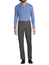 Textured Linen-Silk Polo-Collar Sweater